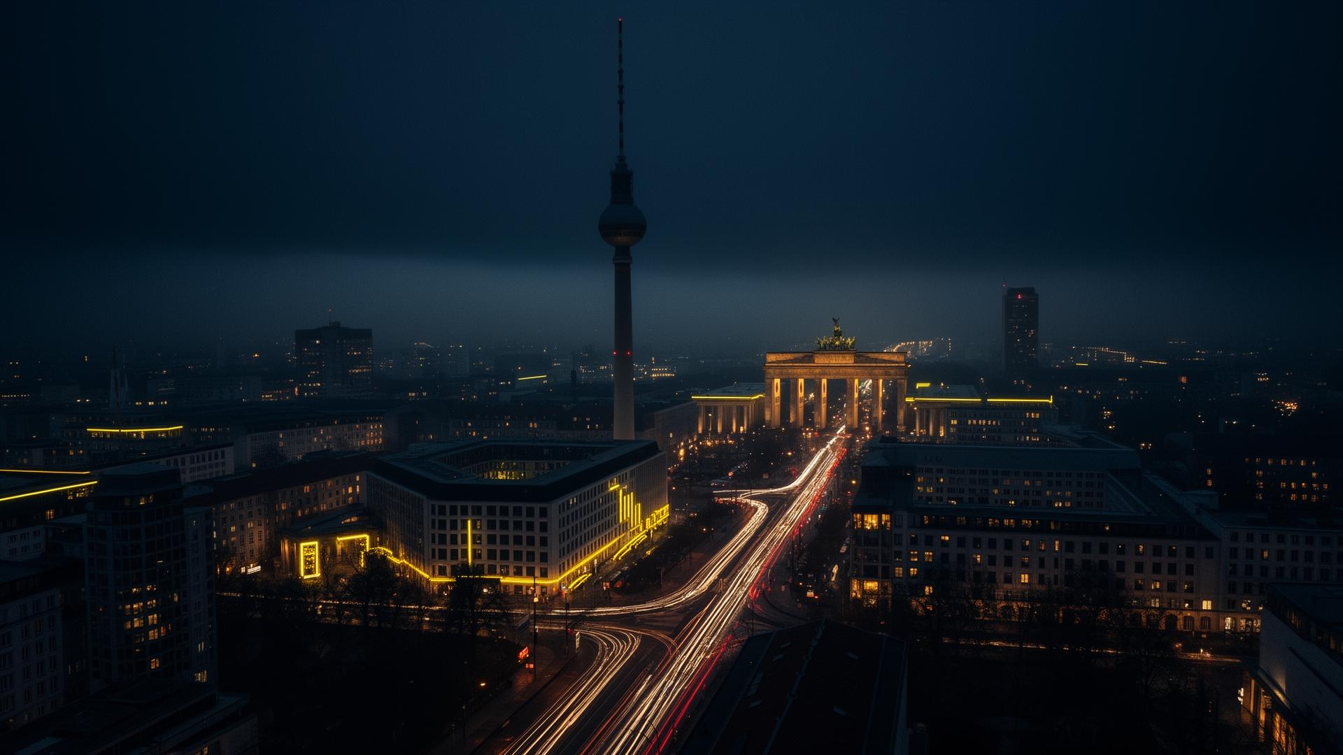 Berlin Skyline bei Nacht — Fernsehturm & Brandenburger Tor