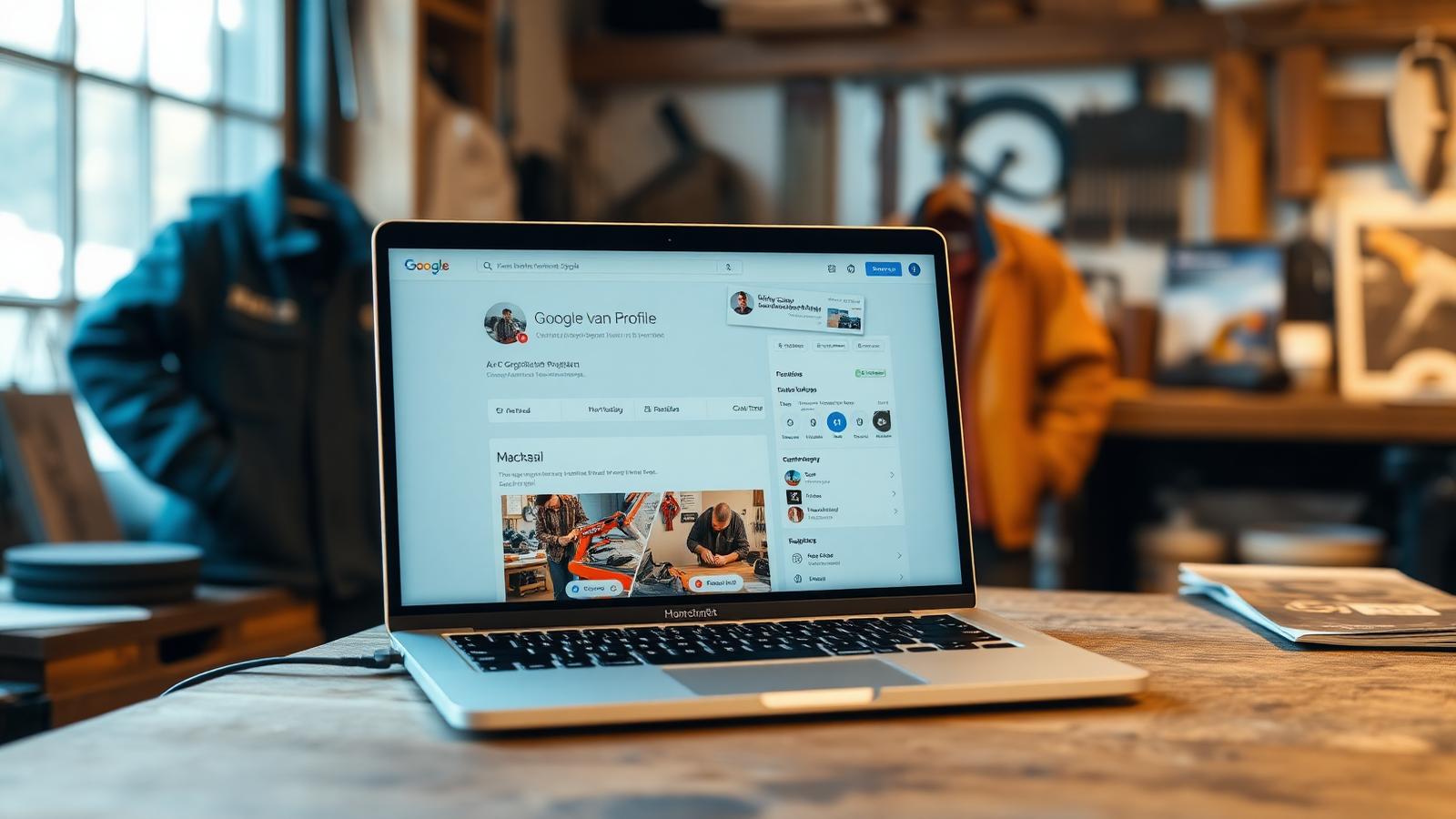 Google Business Profil auf einem MacBook in einer Handwerkswerkstatt