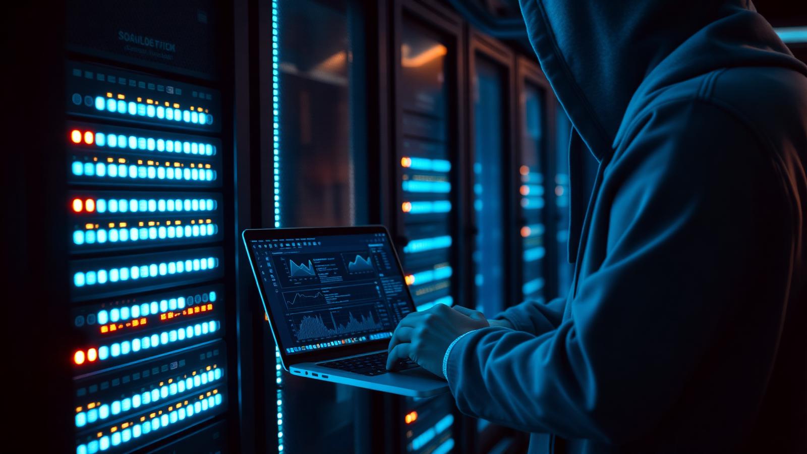 Technikerin überwacht Webserver-Monitoring auf einem Laptop