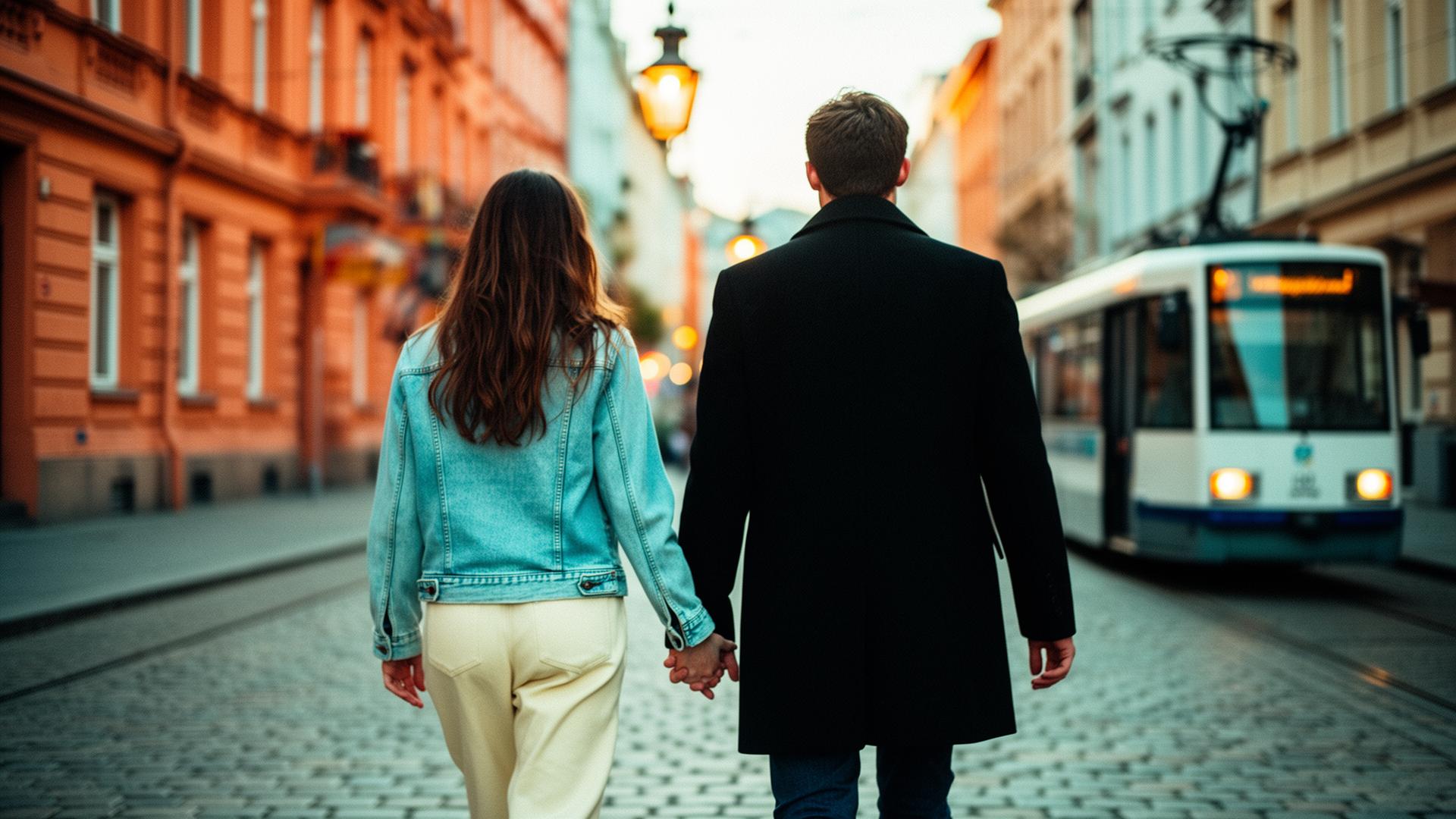 Hannah und Martin laufen Hand in Hand durch eine Straße in Berlin