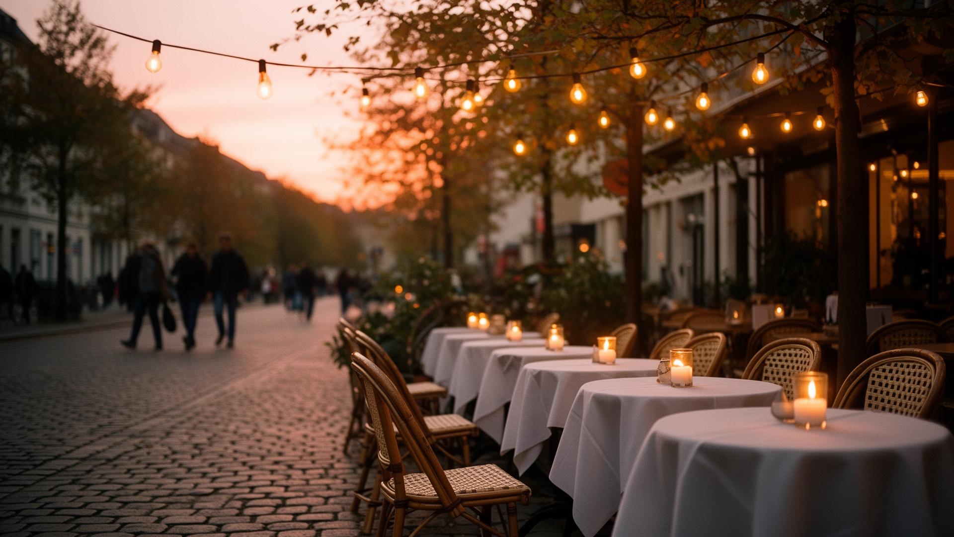 Terrasse einer Berliner Pizzeria bei Sonnenuntergang